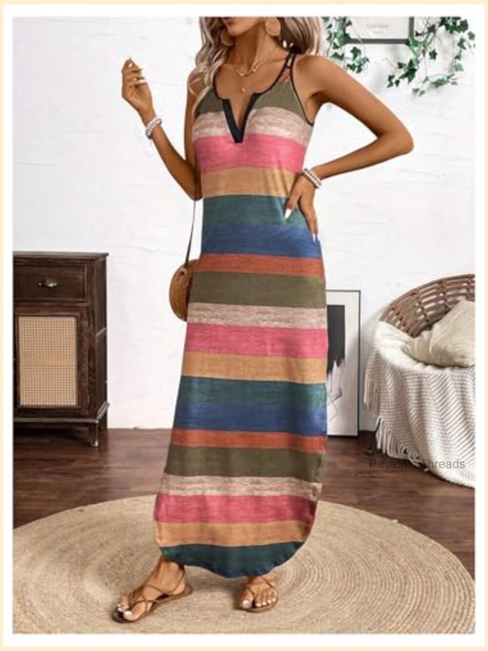 Striped Color Block Maxi Dress Notched V Neck Spaghetti Strap Split Cami Dress - Picture 3 of 5